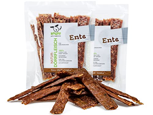 ROQSY Natur-Dörrfleisch 100% Ente Trockenfleisch für Hunde 200g/2x100g, Barf-Ergänzung, getreidefrei, Jerky, Hundesnack, Kaustreifen, Leckerli, Kaufleisch schonend getrocknet von ROQSY