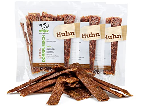 ROQSY Natur-Dörrfleisch 100% Huhn Trockenfleisch für Hunde 3x100g / 300g, Barf-Ergänzung, getreidefrei, Jerky, Hundesnack, Kaustreifen, Leckerli, Barf-fähig von ROQSY