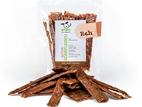 ROQSY Natur-Dörrfleisch 100% REH Trockenfleisch für Hunde 100g Kauartikel auch für Welpen, getreidefrei, Jerky, Hundesnack, Kaustreifen, Leckerli, Kaufleisch schonend getrocknet von ROQSY