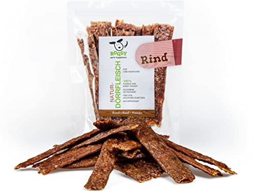 ROQSY Natur-Dörrfleisch 100% RIND Trockenfleisch für Hunde 100g, Barf-Ergänzung, getreidefrei, Jerky, Hundesnack, Kaustreifen, Leckerli, Kauleisch schonend getrocknet von ROQSY