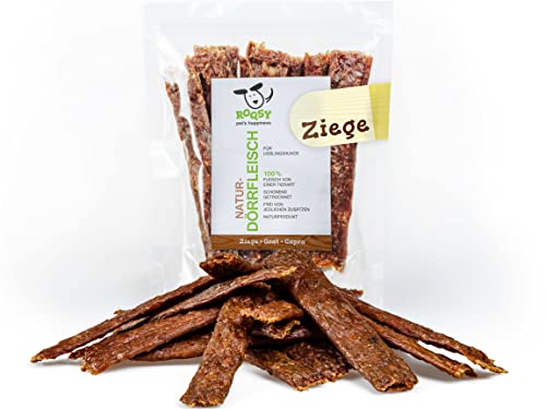 ROQSY Natur-Dörrfleisch 100% Ziege Trockenfleisch für Hunde 100g Kauartikel auch für Welpen, getreidefrei, Jerky, Hundesnack, Kaustreifen, Leckerli, Kaufleisch schonend getrocknet von ROQSY