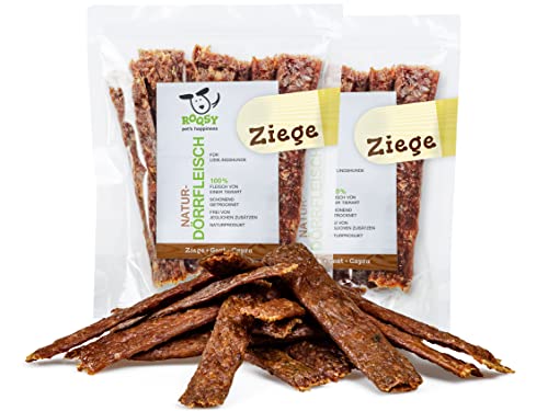 ROQSY Natur-Dörrfleisch 100% Ziege Trockenfleisch für Hunde 200g/2x100g Kauartikel auch für Welpen, getreidefrei, Jerky, Hundesnack, Kaustreifen, Leckerli, Barf-fähig von ROQSY