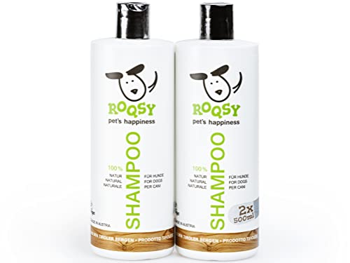 ROQSY Natur-Hundeshampoo 1000ml / 1L, Vegan, Bio, Naturprodukt für Sensible Haut, Allergiker, alle Rassen und Fellfarben, auch Langhaar, große Hunde, weißes Fell von ROQSY