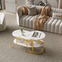 2er-Set Couchtisch, 2-stöckiger ovaler moderner Mitteltisch, Satztisch, Wohnzimmer-Beistelltisch, Goldmetallrahmen, Sofatisch, höhenverstellbare von ROSAHQNDA