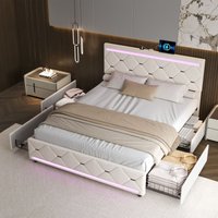 Doppelbett 140x200cm, mit 4 Schubladen, Polsterbett mit LED und Ladeanschluss, Kingsize-Bett, Funktionsbett, Beige Samt Doppelbett 140x200cm, mit 4 Schubladen, Polsterbett mit LED und Ladeanschluss, Kingsize-Bett, Funktionsbett, Beige Samt von ROSAHQNDA