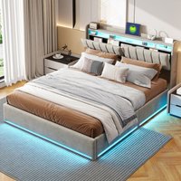 Doppelbett 160 x 200cm,Kopfteil mit LED-Beleuchtung,USB-Anschlüssen und Ablagefach,Stauraumbett,Gästebett,Jugendbett,Samtstoff,Grau Doppelbett 160 x 200cm,Kopfteil mit LED-Beleuchtung,USB-Anschlüssen und Ablagefach,Stauraumbett,Gästebett,Jugendbett,Samtstoff,Grau von ROSAHQNDA