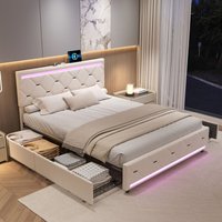 Doppelbett 160x200cm, mit 4 Schubladen, Polsterbett mit LED und Ladeanschluss, Kingsize-Bett, Funktionsbett, Beige Samt Doppelbett 160x200cm, mit 4 Schubladen, Polsterbett mit LED und Ladeanschluss, Kingsize-Bett, Funktionsbett, Beige Samt von ROSAHQNDA