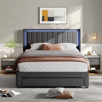 Gepolstertes Plattformbett 180x200cm, Kopfteil mit LED-Leuchten und usb, Stauraumbett mit Schublade, Doppelbett, Dunkelgrau Gepolstertes Plattformbett 180x200cm, Kopfteil mit LED-Leuchten und usb, Stauraumbett mit Schublade, Doppelbett, Dunkelgrau von ROSAHQNDA
