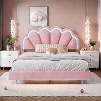 Mädchen Polsterbett 140 x 200 cm, Kinderbett, Blütenförmiges Kopfteil mit led, Versteckte Bettfüße, Jugendbett, Hautfreundlicher Samtstoff, Rosa von ROSAHQNDA