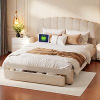 Polsterbett 160x200 cm, Einzelbett, Jugendbett, Verstellbares Kopfteil mit USB-Anschluss, große Schubladen, hautfreundlicher Teddy-Samt, Beige von ROSAHQNDA