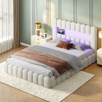 Polsterbett 180x200 cm, Eingebettete Matratze, Doppelbett mit weicher Rückenlehne, gepolsterte Umrandung, Kopfteil mit LED und USB-Anschluss, Leinen Polsterbett 180x200 cm, Eingebettete Matratze, Doppelbett mit weicher Rückenlehne, gepolsterte Umrandung, Kopfteil mit LED und USB-Anschluss, Leinen von ROSAHQNDA