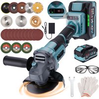 Rosahqnda - Winkelschleifer Ø125mm - Bürstenloser Motor - 750W - Mit Schleifscheibe, 6 einstellbaren Stufen, 3 Metallsägeblättern und 2 Akkus - Blau von ROSAHQNDA