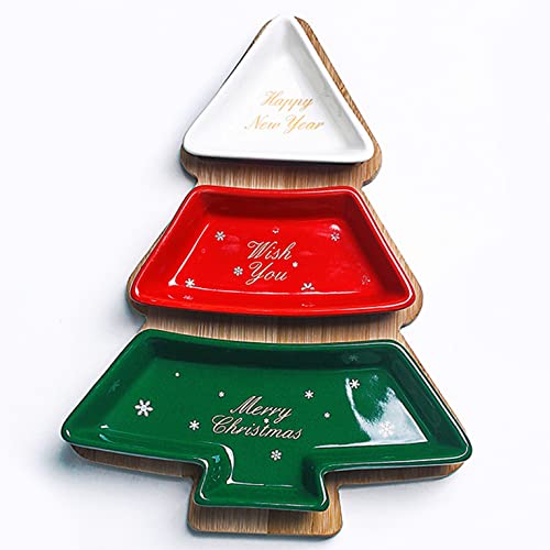 ROSE CREATE Buntes 27,8 cm Snack-Vorspeisen-Tabletts-Set, Weihnachtsbaum, Dessert-Servierschalen, Snackplatte, 3 abnehmbare Porzellanteller mit Bambusbaum-Tablett von ROSE CREATE