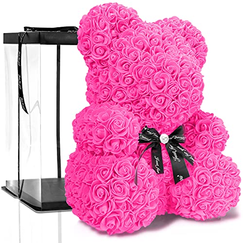 ROSEBEAR Blumenbär mit Geschenkbox - Rose Bear aus ewigen Rosen in voller Farbe - Geschenk für Ihn & Sie zum Jahrestag Geburtstag Muttertag Hochzeitstag (40 cm Pink mit Schleife) von ROSEBEAR