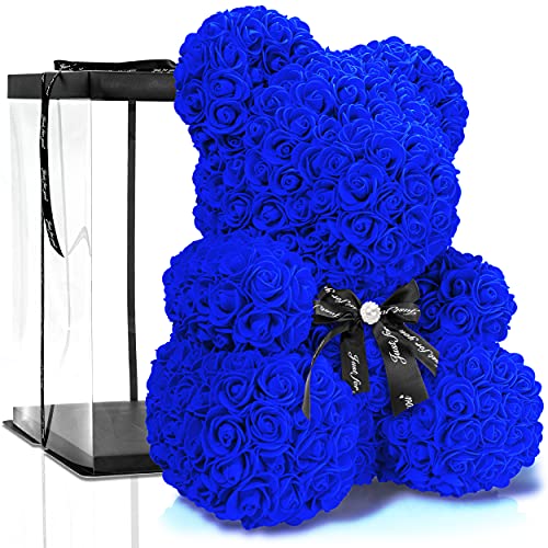 ROSEBEAR mit Geschenkbox - in verschiedenen Größen und Farben - aus ewigen Rosen in voller Farbe - Geschenk für Ihn & Sie zum Jahrestag Geburtstag Muttertag Hochzeitstag (40 cm, Blau mit Schleife) von ROSEBEAR