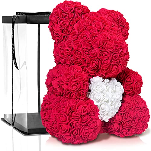 ROSEBEAR mit Geschenkbox - in verschiedenen Größen und Farben - aus ewigen Rosen in voller Farbe - Geschenk für Ihn & Sie zum Jahrestag Geburtstag Muttertag Hochzeitstag (40 cm Rot mit Herz) von ROSEBEAR