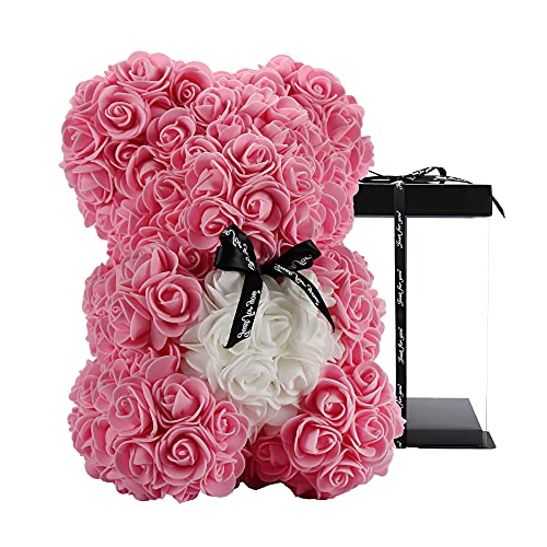 Rosenbär - Rose Teddybär 10 Zoll Hugz Teddy Blumenbär - Über 250 Dutzend künstliche Blumen - einzigartige Geschenke, Geschenke für Frauen Klare Geschenkbox (pink) von ROSEBEWU