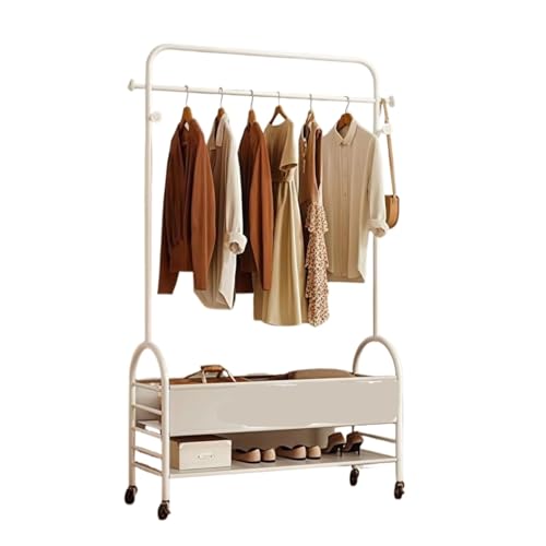 Kleiderständer 3-in-1-Garderobe mit Rollen, doppellagige Metallgarderobe mit Lagerregal, Rollgarderobe for Eingang, Foyer oder Flur Kleiderhaken(Blanc,80cm) von ROSEEONNE