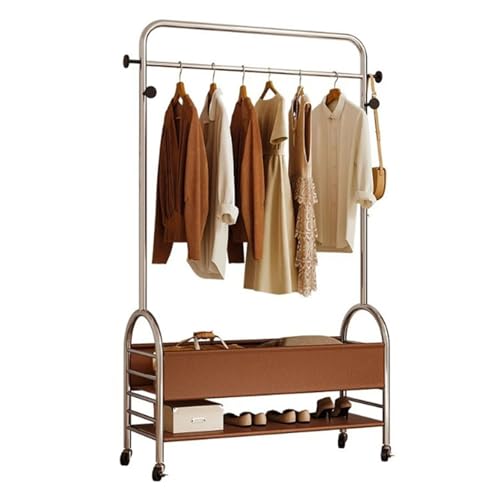 Kleiderständer 3-in-1-Garderobe mit Rollen, doppellagige Metallgarderobe mit Lagerregal, Rollgarderobe for Eingang, Foyer oder Flur Kleiderhaken(Bruin,100cm) von ROSEEONNE