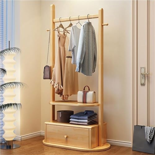 Kleiderständer Freistehender Kleiderständer mit Regalen und Schubladen Garderobenständer aus Holz for das Schlafzimmer bodenstehende Kleiderhaken(Natural,60cm) von ROSEEONNE