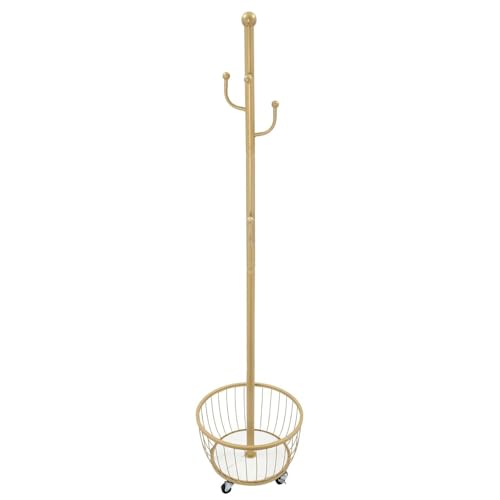 Kleiderständer Garderobenständer freistehend mit Korb Kleiderbügelständer mit Ablagekorb und 6 Haken Standgarderobe mit fahrbarem Rad Kleiderhaken(Gold) von ROSEEONNE