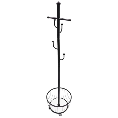 Kleiderständer Garderobenständer freistehend mit Korb Kleiderbügelständer mit Ablagekorb und 6 Haken Standgarderobe mit fahrbarem Rad Kleiderhaken(Svart) von ROSEEONNE