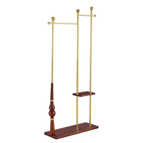 Kleiderständer Industrielle Garderobe aus massivem Holz und Edelstahl, Doppelregal, Eingangsbereich, Aufbewahrung, breite Basis, Retro-Kleiderständer mit Holzmaserung Kleiderhaken(Wood+Golden) von ROSEEONNE