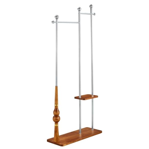 Kleiderständer Industrielle Garderobe aus massivem Holz und Edelstahl, Doppelregal, Eingangsbereich, Aufbewahrung, breite Basis, Retro-Kleiderständer mit Holzmaserung Kleiderhaken(Wood+Silver) von ROSEEONNE