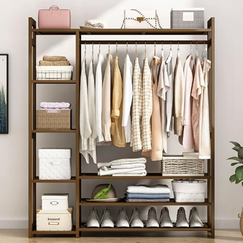 ROSEEONNE Kleiderständer Bodenstehende Garderobe aus Bambus mit 2-stufiger Schuhaufbewahrung, multifunktionaler Trennwandständer, Walnussfarbe Kleiderhaken(110cm) von ROSEEONNE