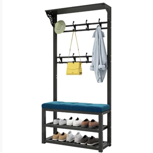 ROSEEONNE Kleiderständer Garderobenständer, Kleiderbügel, Aufbewahrungsbank, Schuhbank mit Sitzkissen, 2-stufiger Schuhaufbewahrungsschrank Schuhregal Kleiderhaken(Black Blue Cloth) von ROSEEONNE