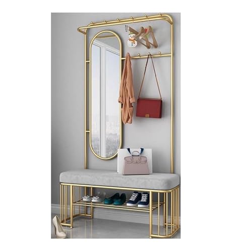 ROSEEONNE Kleiderständer Multifunktionaler Garderobenständer mit Bank und Spiegel, freistehender for den Eingangsbereich mit Schuhständer for Wohnzimmer und Flur Kleiderhaken(Grey,80cm) von ROSEEONNE