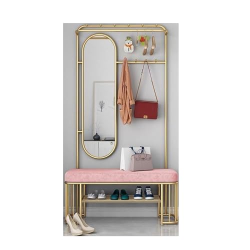 ROSEEONNE Kleiderständer Multifunktionaler Garderobenständer mit Bank und Spiegel, freistehender for den Eingangsbereich mit Schuhständer for Wohnzimmer und Flur Kleiderhaken(Rose,120cm) von ROSEEONNE