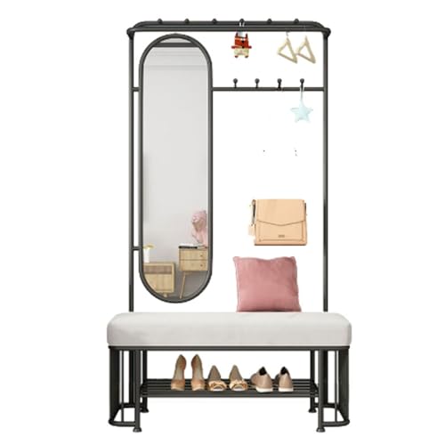 ROSEEONNE Kleiderständer Multifunktionaler Garderobenständer mit Bank und Spiegel, freistehender for den Eingangsbereich mit Schuhständer for Wohnzimmer und Flur Kleiderhaken(Svart,60cm) von ROSEEONNE