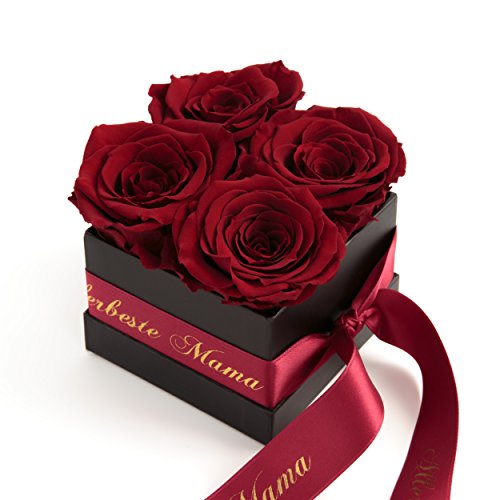 ROSEMARIE SCHULZ Heidelberg Allerbeste Mama Geschenk ewige Rosen - Schwarze Rosenbox 4 konservierte Rosen haltbar 3 Jahre 8,5x8,5cm - Muttertagsgeschenke Ideen (Allerbeste Mama, Dunkel Rot) von ROSEMARIE SCHULZ Heidelberg