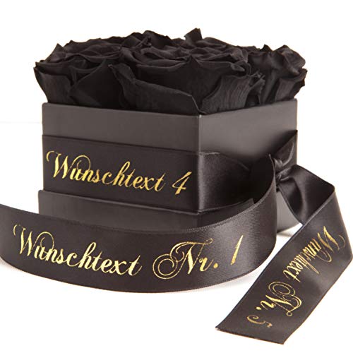 Infinity Rosenbox mit Wunschtext 4 Infinity Rosen haltbar 3 Jahre - Rosenbox personalisierbares Satinband (Schwarz) von ROSEMARIE SCHULZ Heidelberg