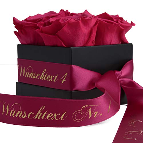 Infinity Rosenbox mit Wunschtext 4 konservierte Rosen haltbar 3 Jahre - mit personalisierbarem Band (Pink) von ROSEMARIE SCHULZ Heidelberg