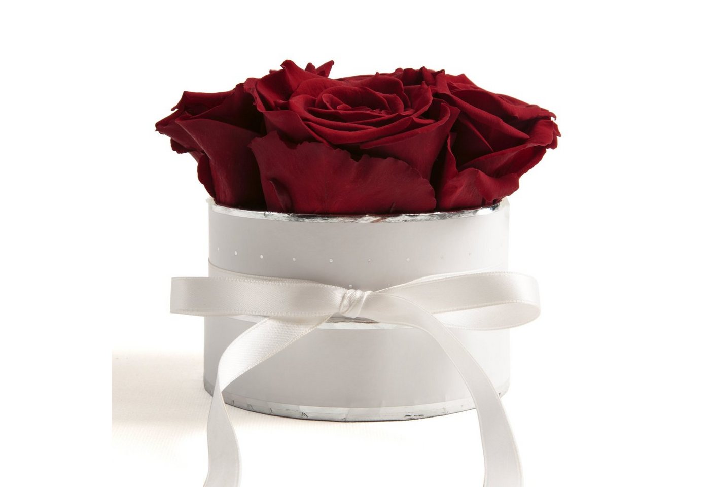 Kunstblume Infinity Rosenbox weiß rund 4 konservierte Rosen inklusiv Geschenkbox Rose, ROSEMARIE SCHULZ Heidelberg, Höhe 10 cm, echte Rosen haltbar 3 Jahre von ROSEMARIE SCHULZ Heidelberg