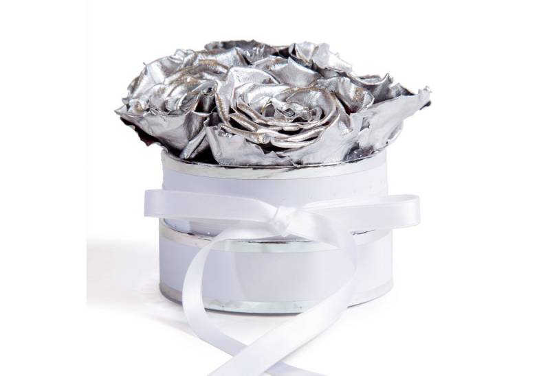 Kunstblume Rosenbox weiß rund 4 Infinity Rosen inklusiv Geschenkbox Rose, ROSEMARIE SCHULZ Heidelberg, Höhe 10 cm, echte Rosen haltbar 3 Jahre, Made in Germany von ROSEMARIE SCHULZ Heidelberg
