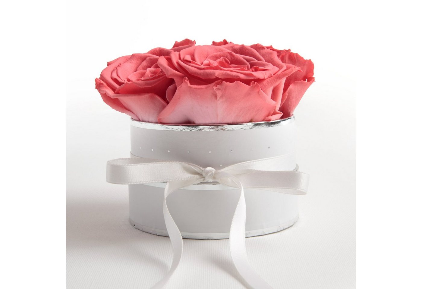 Kunstblume Infinity Rosenbox weiß rund 4 konservierte Rosen inklusiv Geschenkbox Rose, ROSEMARIE SCHULZ Heidelberg, Höhe 10 cm, echte Rosen haltbar 3 Jahre, Made in Germany von ROSEMARIE SCHULZ Heidelberg