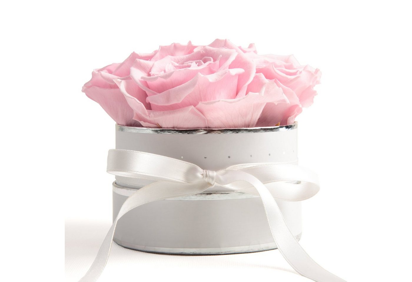 Kunstblume Infinity Rosenbox weiß rund 4 konservierte Rosen inklusiv Geschenkbox Rose, ROSEMARIE SCHULZ Heidelberg, Höhe 10 cm, echte Rosen haltbar 3 Jahre von ROSEMARIE SCHULZ Heidelberg