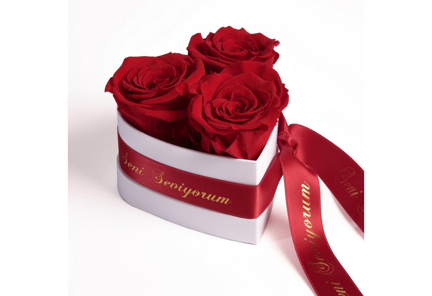 Kunstblume Seni Seviyorum Infinity Rosenbox Herz 3 echte Rosen konserviert Rose, ROSEMARIE SCHULZ Heidelberg, Höhe 10 cm, echte Rosen lang haltbar von ROSEMARIE SCHULZ Heidelberg