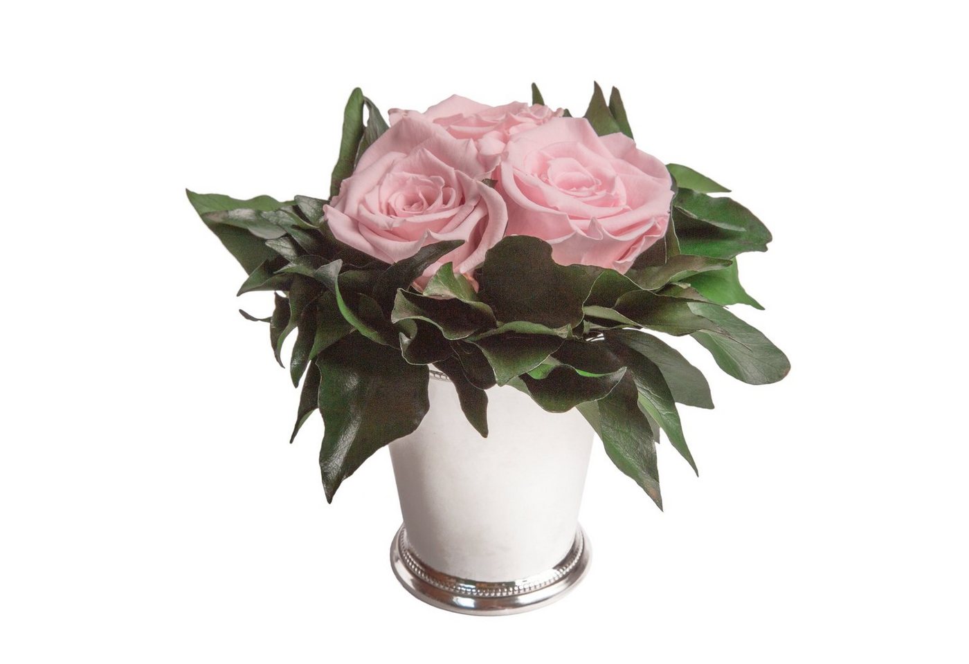 Kunstorchidee 3 Infinity Rosen silberfarbene Vase Wohnzimmer Deko Blumenstrauß Rose, ROSEMARIE SCHULZ Heidelberg, Höhe 15 cm, Rose haltbar bis zu 3 Jahre von ROSEMARIE SCHULZ Heidelberg