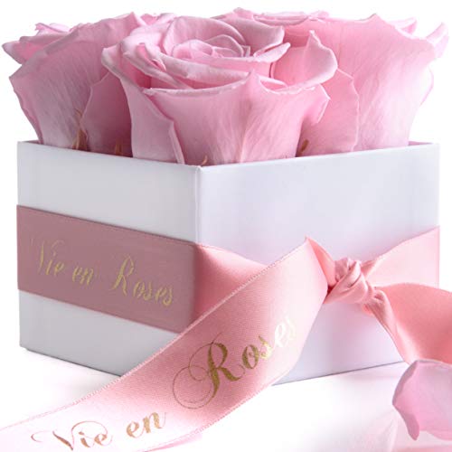 ROSEMARIE SCHULZ Heidelberg Ewige Rosen 4 Stück - Rosen haltbar 3 Jahre - Blumenbox in Weiß mit Satinband in Rosa und Goldschrift von ROSEMARIE SCHULZ Heidelberg