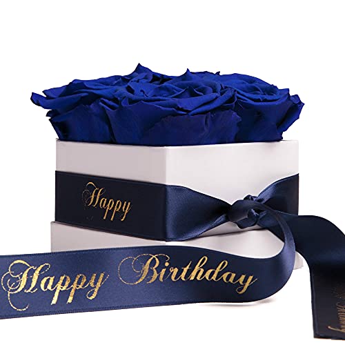 ROSEMARIE SCHULZ Heidelberg Happy Birthday Geschenk weiße Rosenbox mit konservierten Rosen lang haltbar 3 Jahre - Geburtstagsgeschenk für Frauen (Happy Birthday, Weiß-Blau) von ROSEMARIE SCHULZ Heidelberg