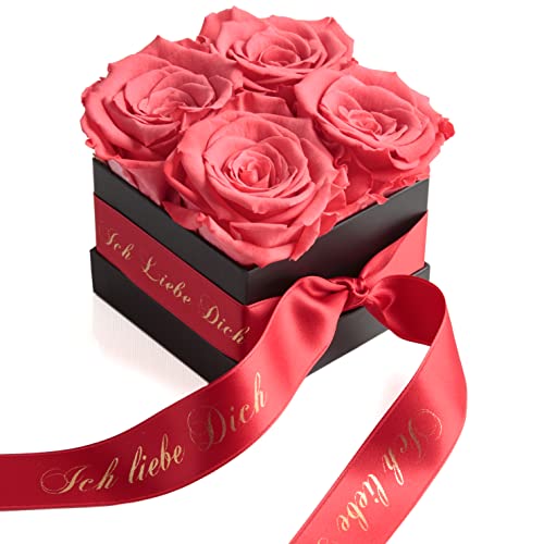 ROSEMARIE SCHULZ Heidelberg Ich Liebe Dich Geschenk für sie - Infinity Rosenbox 4 echte Rosen haltbar 3 Jahre 8,5 x 8,5 cm - Geschenkbox für Frauen (Ich Liebe Dich, Koral Rot) von ROSEMARIE SCHULZ Heidelberg