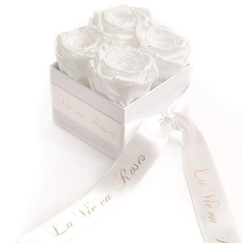 ROSEMARIE SCHULZ Heidelberg Infinity Rosen - konservierte Rosen 3 Jahre HALTBAR - Flowerbox Satinband Weiß und Goldschrift „La Vie en Roses“ (Weiß) von ROSEMARIE SCHULZ Heidelberg