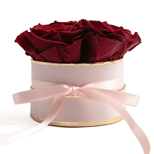 ROSEMARIE SCHULZ Heidelberg Rosenbox rund Infinity Rosen Dunkelrot - Blumenbox Rosa 4 konservierte Rosen haltbar 3 Jahre - Mama Geschenke für Frauen (Small, Rosa-Burgundy) von ROSEMARIE SCHULZ Heidelberg