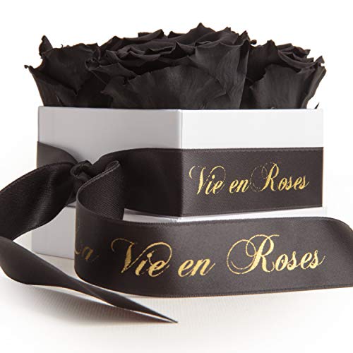 ROSEMARIE SCHULZ Heidelberg Rosenbox konservierte Rosen Schwarz - 3 Jahre HALTBAR - Flowerbox Weiß mit Satinband und Goldschrift (Schwarz) von ROSEMARIE SCHULZ Heidelberg