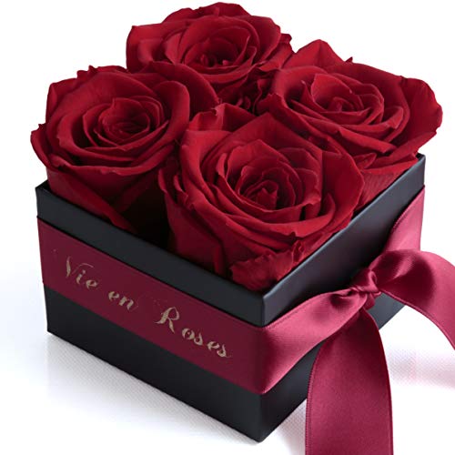 Rosenbox mit Infinity Rosen Poesie en Roses 4 konservierte Rosen haltbar 3 Jahre - Blumenbox Flowerbox für Frauen (Dunkelrot) von ROSEMARIE SCHULZ Heidelberg