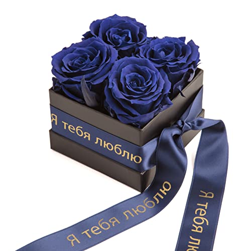 ROSEMARIE SCHULZ Heidelberg Russisch Geschenk Frauen Liebe - Infinity Rosenbox 4 echte Rosen haltbar 3 Jahre 8,5 x 8,5 cm (Я тебя люблю, Blau) von ROSEMARIE SCHULZ Heidelberg